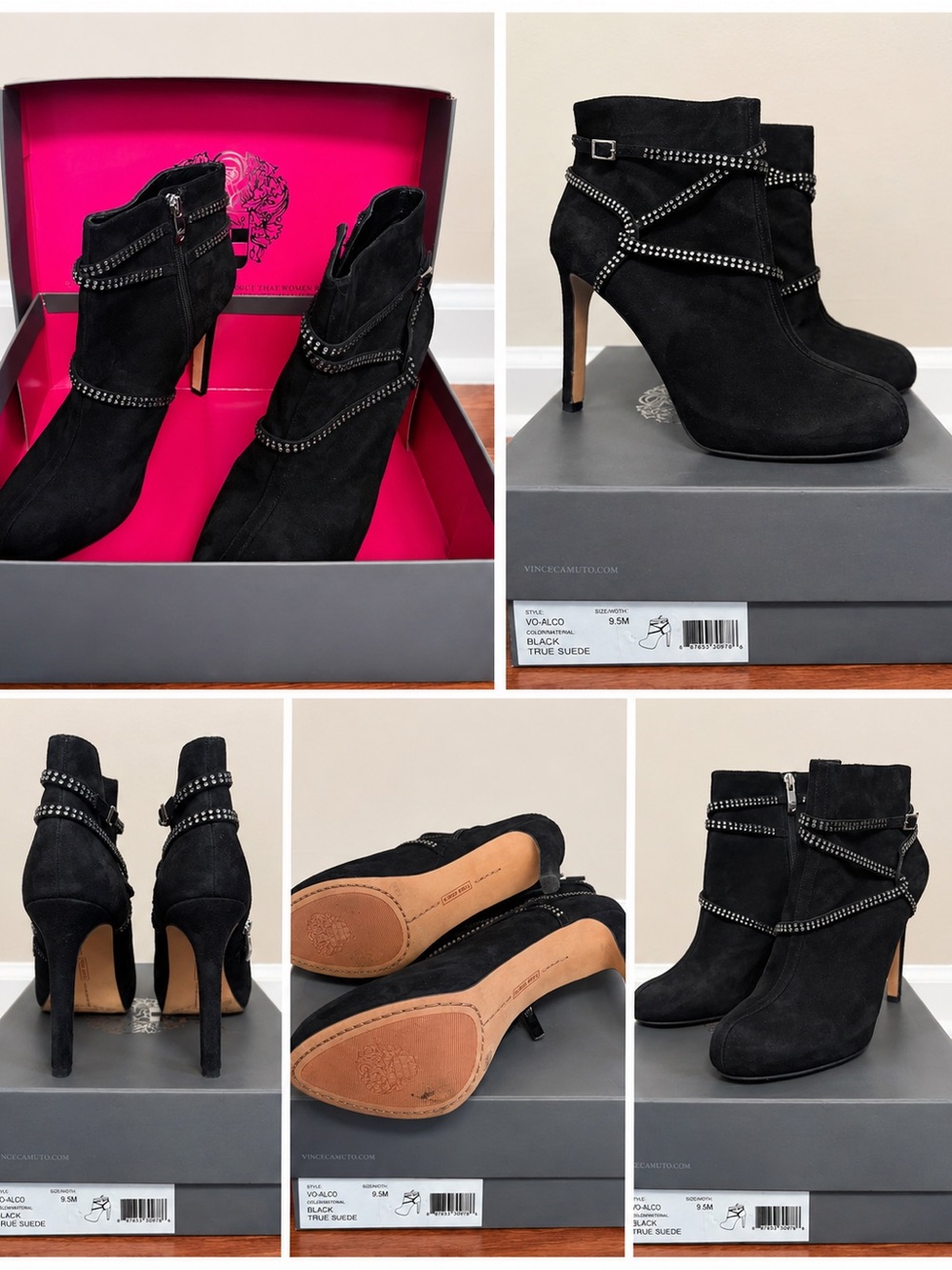 Vince Camuto Alco Black Suede Studded Ankle Booties Stiletto Heel